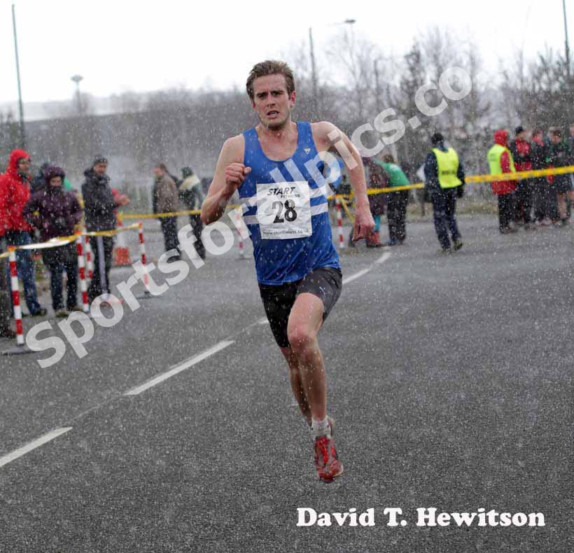 Matt Nicholson brings Morpeth home to victory in the senior mens Elswick Road Relays.